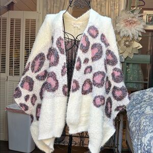 Anthropologie Kenzie Leopard Shimmer wrap open front Sweater Cardigan OS